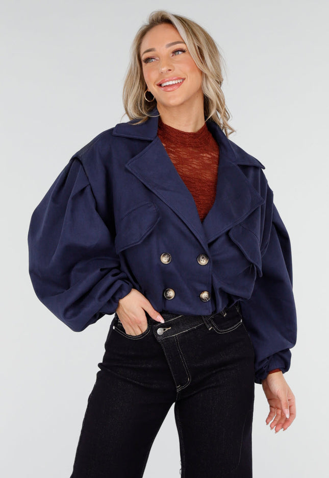 NEW011025 Navy Suède Korte Trenchcoat