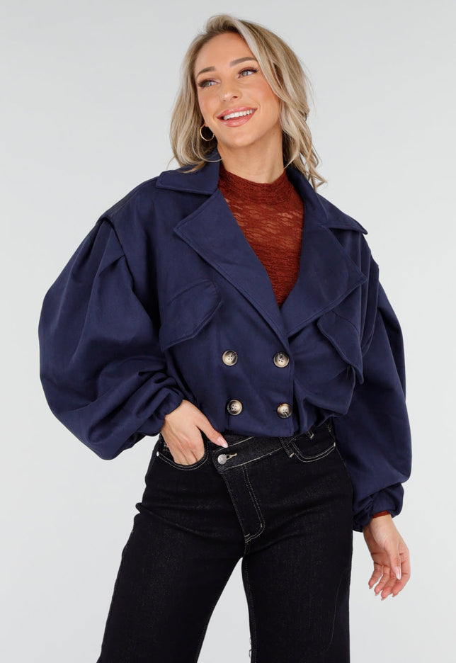 NEW011025 Navy Suède Korte Trenchcoat