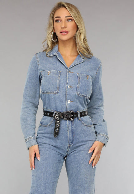 NEW0111 Blauwe Longsleeve Denim Jumpsuit