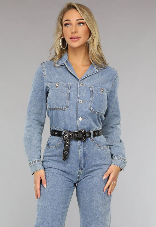 NEW0111 Blauwe Longsleeve Denim Jumpsuit