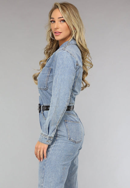 NEW0111 Blauwe Longsleeve Denim Jumpsuit