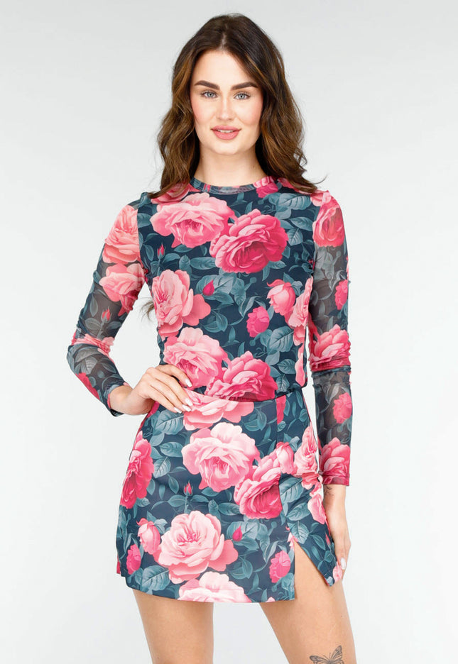 NEW020425 Bloemenprint Two-piece met Lange Mouwen en Skort