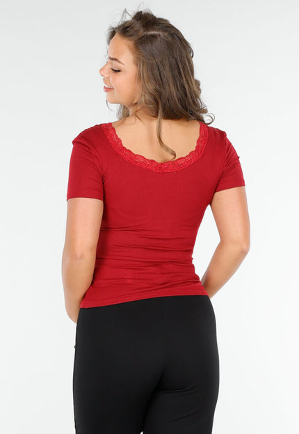 NEW020425 Bordeauxrood T-Shirt met Kant