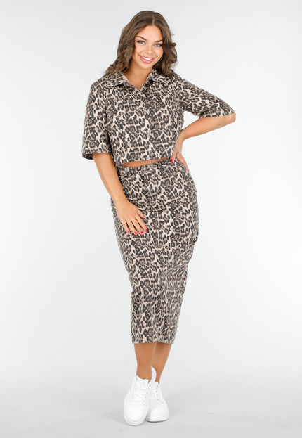 NEW020425 Denim Beige Luipaardprint Two-piece met Midi Rok