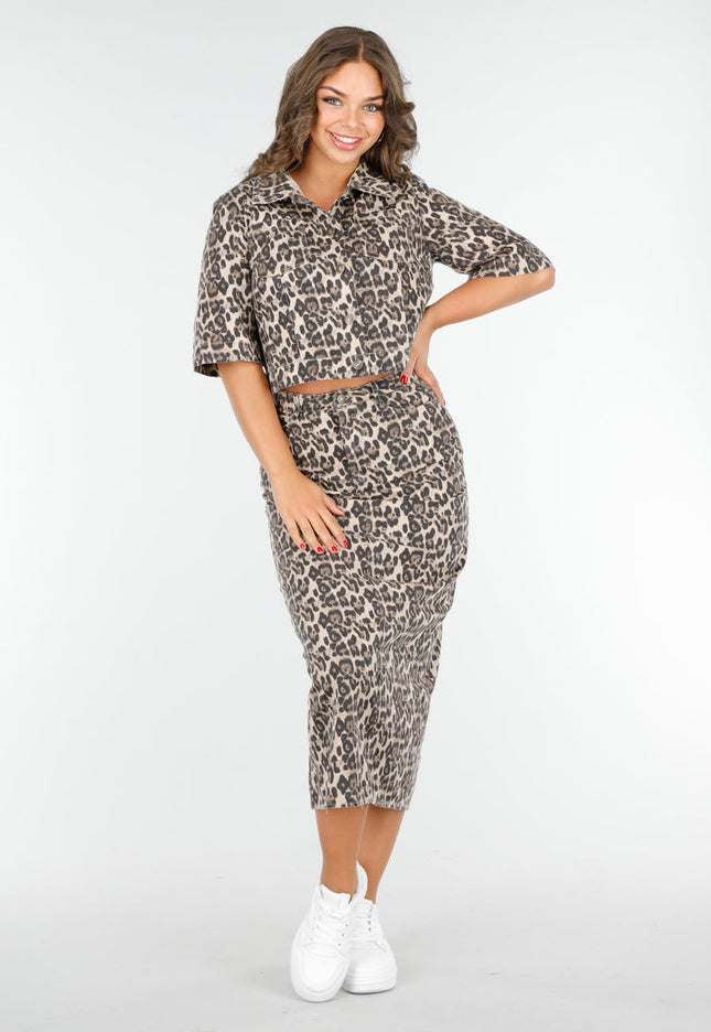 NEW020425 Denim Beige Luipaardprint Two-piece met Midi Rok