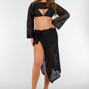 NEW020425 Elegante Zwart Gehaakte Strandcoverup
