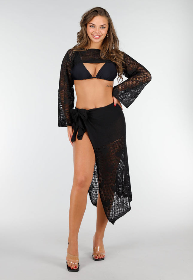 NEW020425 Elegante Zwart Gehaakte Strandcoverup