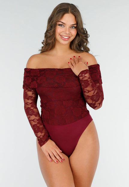 OP=OP.02.NL Kanten Body met Lange Mouwen in Bordeaux
