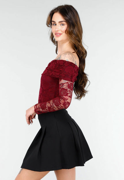 OP=OP.02.NL Kanten Body met Lange Mouwen in Bordeaux