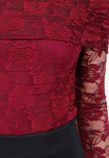 OP=OP.02.NL Kanten Body met Lange Mouwen in Bordeaux