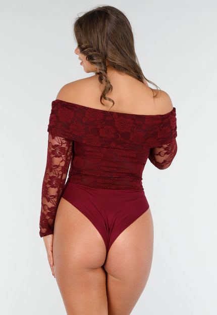 OP=OP.02.NL Kanten Body met Lange Mouwen in Bordeaux