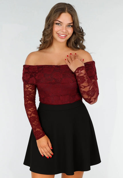 OP=OP.02.NL Kanten Body met Lange Mouwen in Bordeaux