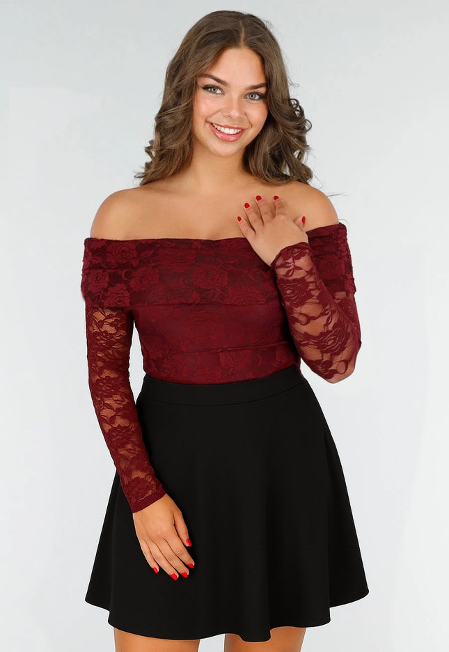 OP=OP.02.NL Kanten Body met Lange Mouwen in Bordeaux