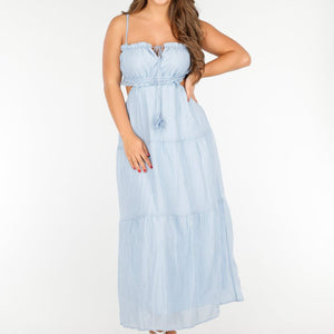 NEW020425 Lichtblauwe Maxi Jurk met Spaghettibandjes