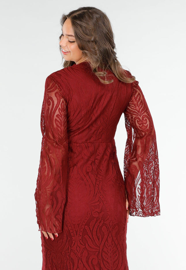 NEW020425 Rode Lange Jurk van Kant