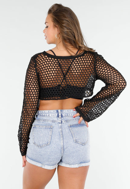 NEW020425 Zwarte Fishnet Top met Lange Mouwen