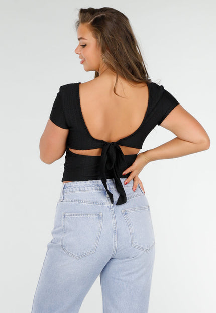 OP=OP.AV.09 Zwarte Korte Top met Vierkante Halslijn
