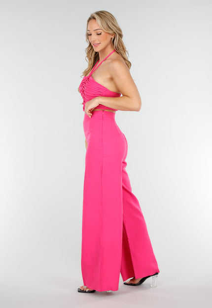 NEW020725 Fuchsia Halter Crop Top Set