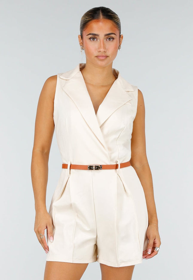 NEW020926 Beige Mouwloze Playsuit met Bruine Riem