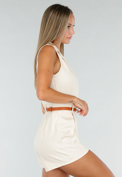 NEW020926 Beige Mouwloze Playsuit met Bruine Riem