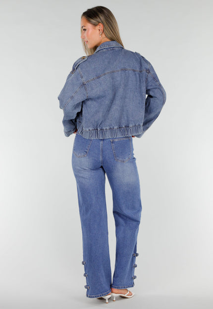 NEW020926 Blauw Kort Denim Jasje met Knoopsluiting
