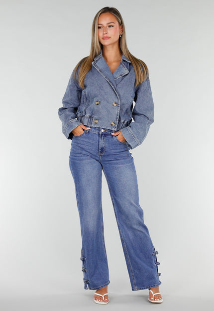 NEW020926 Blauw Kort Denim Jasje met Knoopsluiting