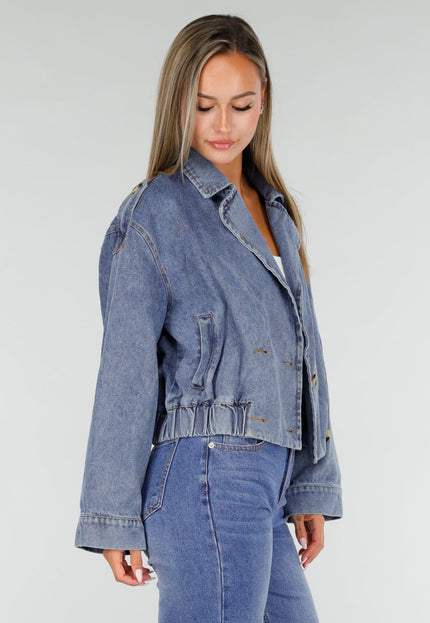 NEW020926 Blauw Kort Denim Jasje met Knoopsluiting