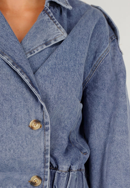 NEW020926 Blauw Kort Denim Jasje met Knoopsluiting