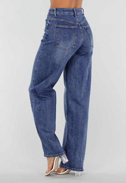 NEW020926 Blauwe Straight Leg Jeans met Hoge Taille