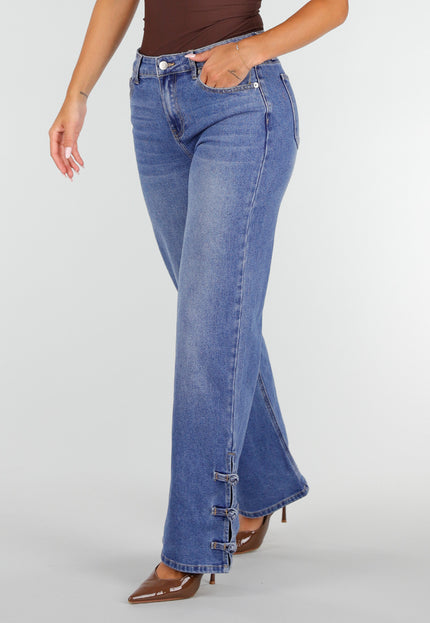 NEW020926 Blauwe Straight Leg Jeans met Knoopdetails