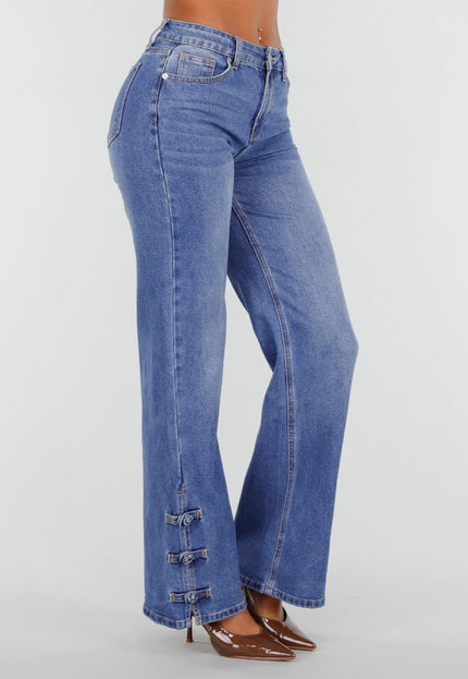 NEW020926 Blauwe Straight Leg Jeans met Knoopdetails