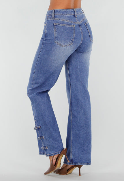 NEW020926 Blauwe Straight Leg Jeans met Knoopdetails