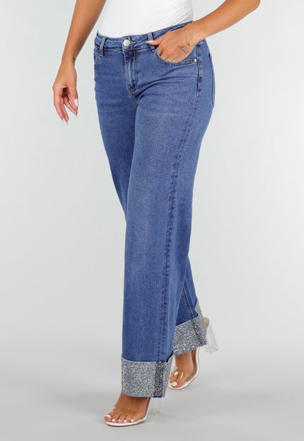 NEW020926 Blauwe Straight Leg Jeans met Strass Omslag