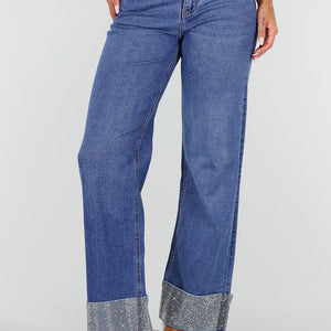 NEW020926 Blauwe Straight Leg Jeans met Strass Omslag