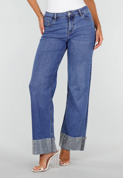 NEW020926 Blauwe Straight Leg Jeans met Strass Omslag