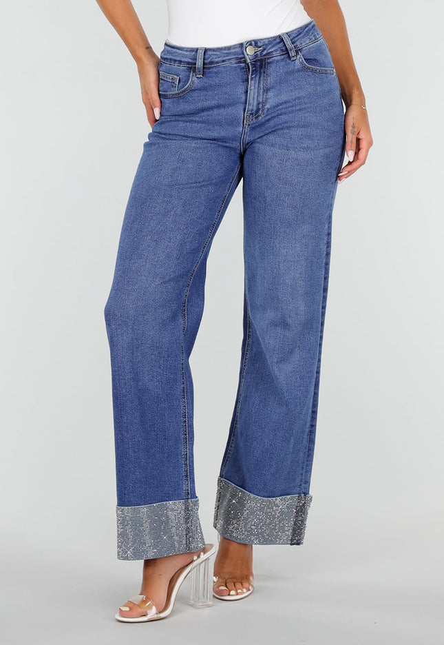 NEW020926 Blauwe Straight Leg Jeans met Strass Omslag