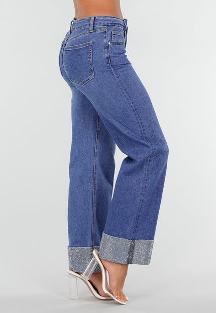 NEW020926 Blauwe Straight Leg Jeans met Strass Omslag