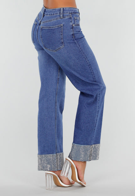 NEW020926 Blauwe Straight Leg Jeans met Strass Omslag