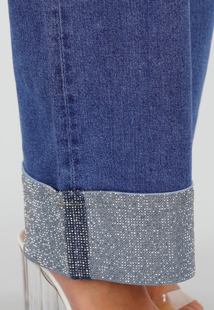 NEW020926 Blauwe Straight Leg Jeans met Strass Omslag