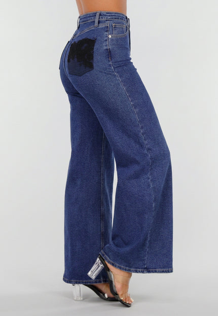 NEW020926 Blauwe Wide Leg Jeans met Kanten Zakken