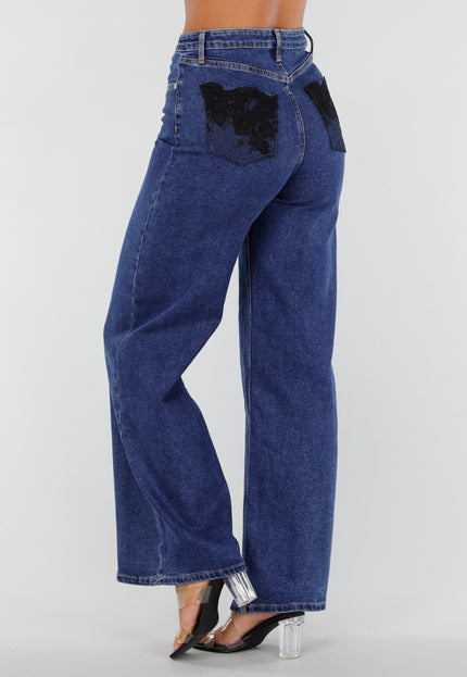 NEW020926 Blauwe Wide Leg Jeans met Kanten Zakken