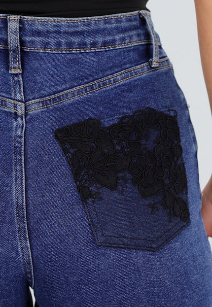 NEW020926 Blauwe Wide Leg Jeans met Kanten Zakken