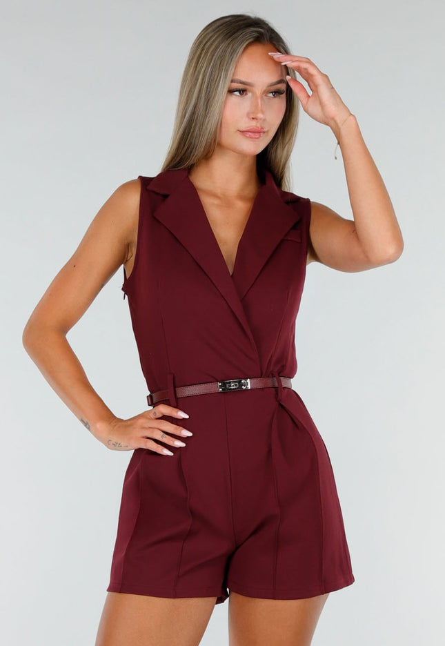 NEW020926 Bordeauxrode Stretch Playsuit met Riem