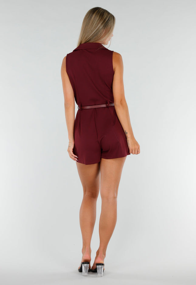 NEW020926 Bordeauxrode Stretch Playsuit met Riem