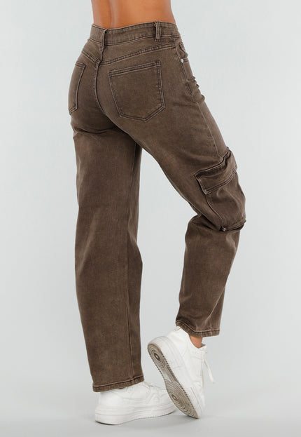 NEW020926 Bruine Denim Cargo Barrel Jeans