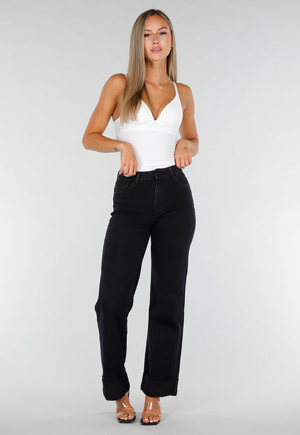 NEW020926 Zwarte Straight Leg Jeans met Omslag