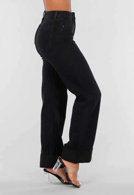 NEW020926 Zwarte Straight Leg Jeans met Omslag