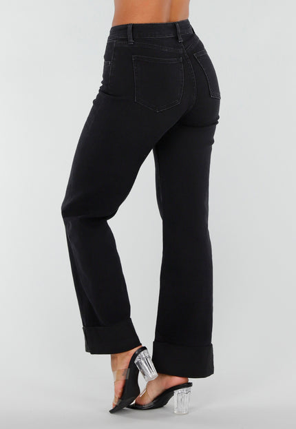 NEW020926 Zwarte Straight Leg Jeans met Omslag