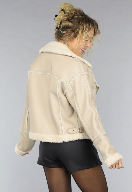 NEW0210 Beige Lederlook Jas met Teddy Voering