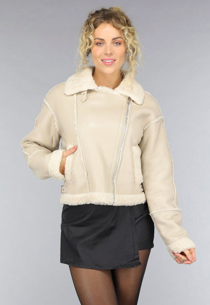 NEW0210 Beige Lederlook Jas met Teddy Voering